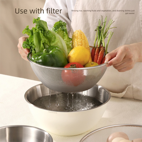 White 304 stainless steel mixing bowl set with fine-mesh colander, fine mesh colander with raised feet