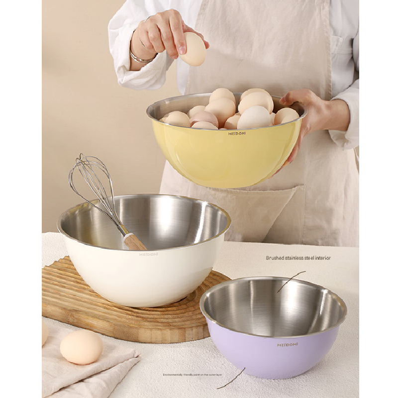 White Stainless Steel Mixing Bowl Set with Colander – Double-Layer Kitchen Basin for Salad, Washing, Mixing & Baking