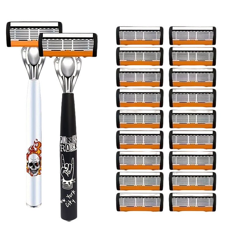 2-Pack 6-Layer Manual Razor with 18 Replacement Blades – Ultra-Close Shave for Men, Stainless Steel Handle with One-Click Blade Change