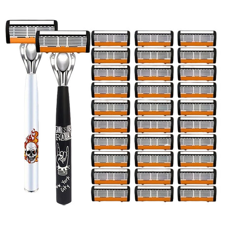 2-Pack 6-Layer Manual Razor with 30 Replacement Blades – Ultra-Close Shave for Men, Stainless Steel Handle