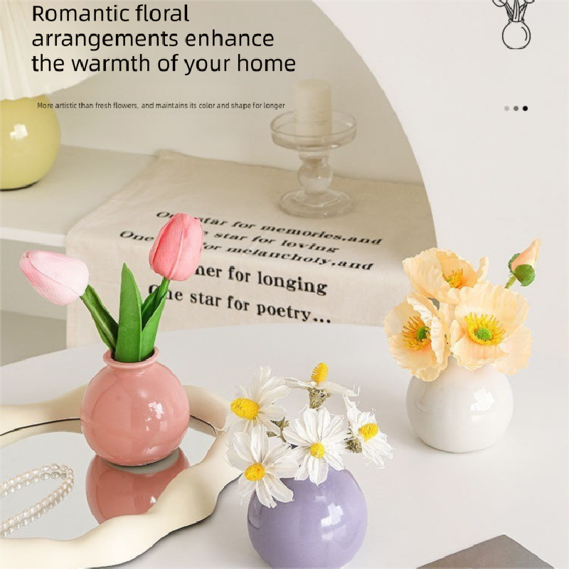 Ceramic Vase with camellia bud Artificial Flowers Set – Mini Decorative Pot for Home Living Room or Desk Display
