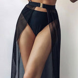 White High-Waisted White Swim Skirt with Gold Buckle Belt – Elegant Long Beach Cover-Up for Women, Ideal for Poolside and Tropical Vacations(Size: M) - Front View