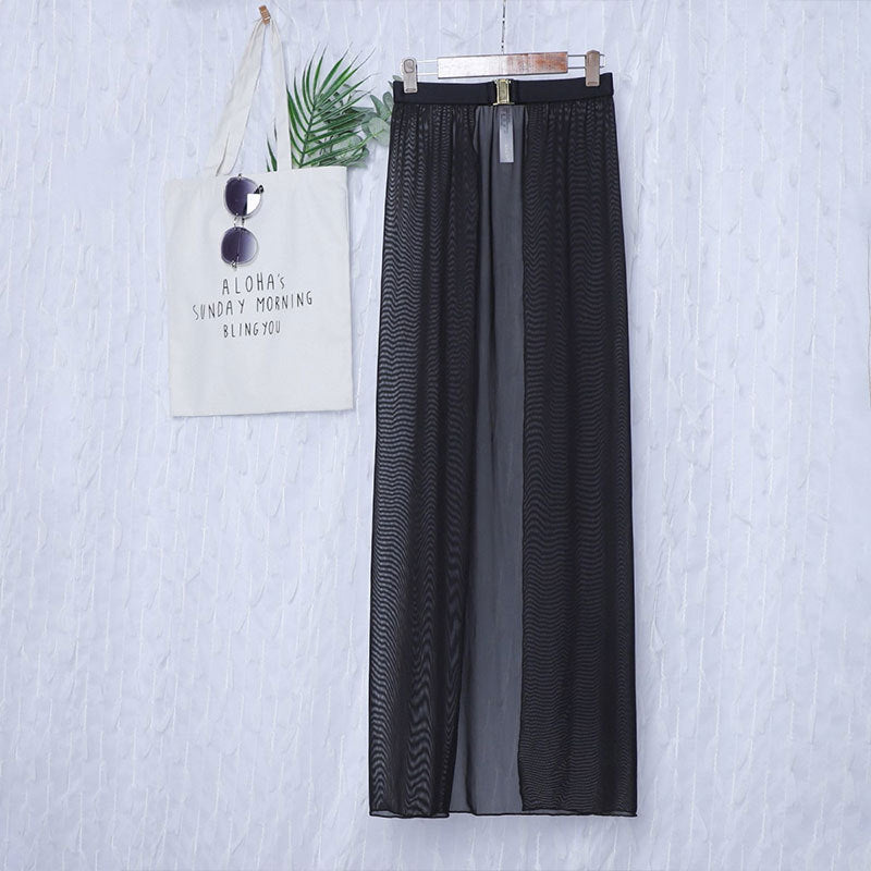 Black High-Waisted White Swim Skirt with Gold Buckle Belt – Elegant Long Beach Cover-Up for Women, Ideal for Poolside and Tropical Vacations(Size: L)