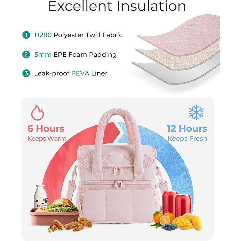 Beige Double-Layer Insulated Lunch Bag – Quilted Design with Top and Bottom Compartments, Shoulder Strap, and Smooth Two-Way Zippers
