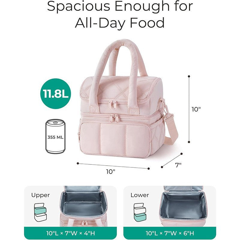Beige Double-Layer Insulated Lunch Bag – Quilted Design with Top and Bottom Compartments, Shoulder Strap, and Smooth Two-Way Zippers