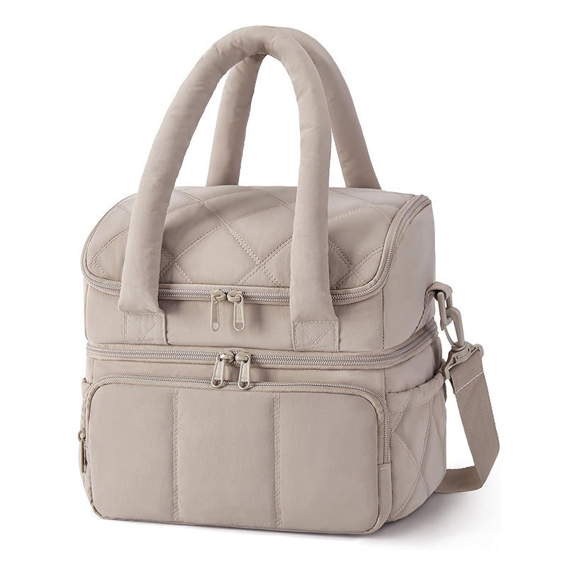 Camel Double-Layer Insulated Lunch Bag – Quilted Design with Top and Bottom Compartments, Shoulder Strap, and Smooth Two-Way Zippers