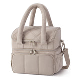 Camel Double-Layer Insulated Lunch Bag – Quilted Design with Top and Bottom Compartments, Shoulder Strap, and Smooth Two-Way Zippers