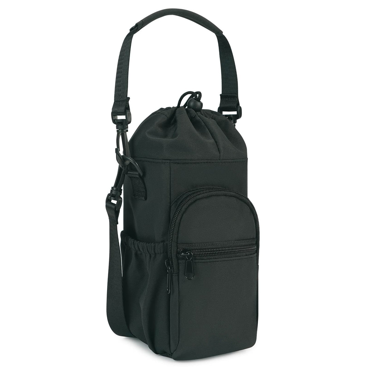 Black Water Bottle Carrier with Drawstring Closure – Adjustable Shoulder Strap, Front Pocket, and Side Storage for Daily Use