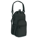 Black Water Bottle Carrier with Drawstring Closure – Adjustable Shoulder Strap, Front Pocket, and Side Storage for Daily Use