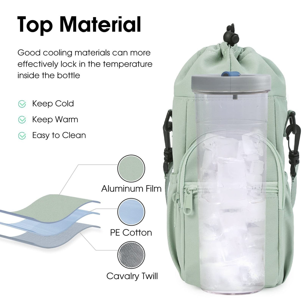 Black Water Bottle Carrier with Drawstring Closure – Adjustable Shoulder Strap, Front Pocket, and Side Storage for Daily Use