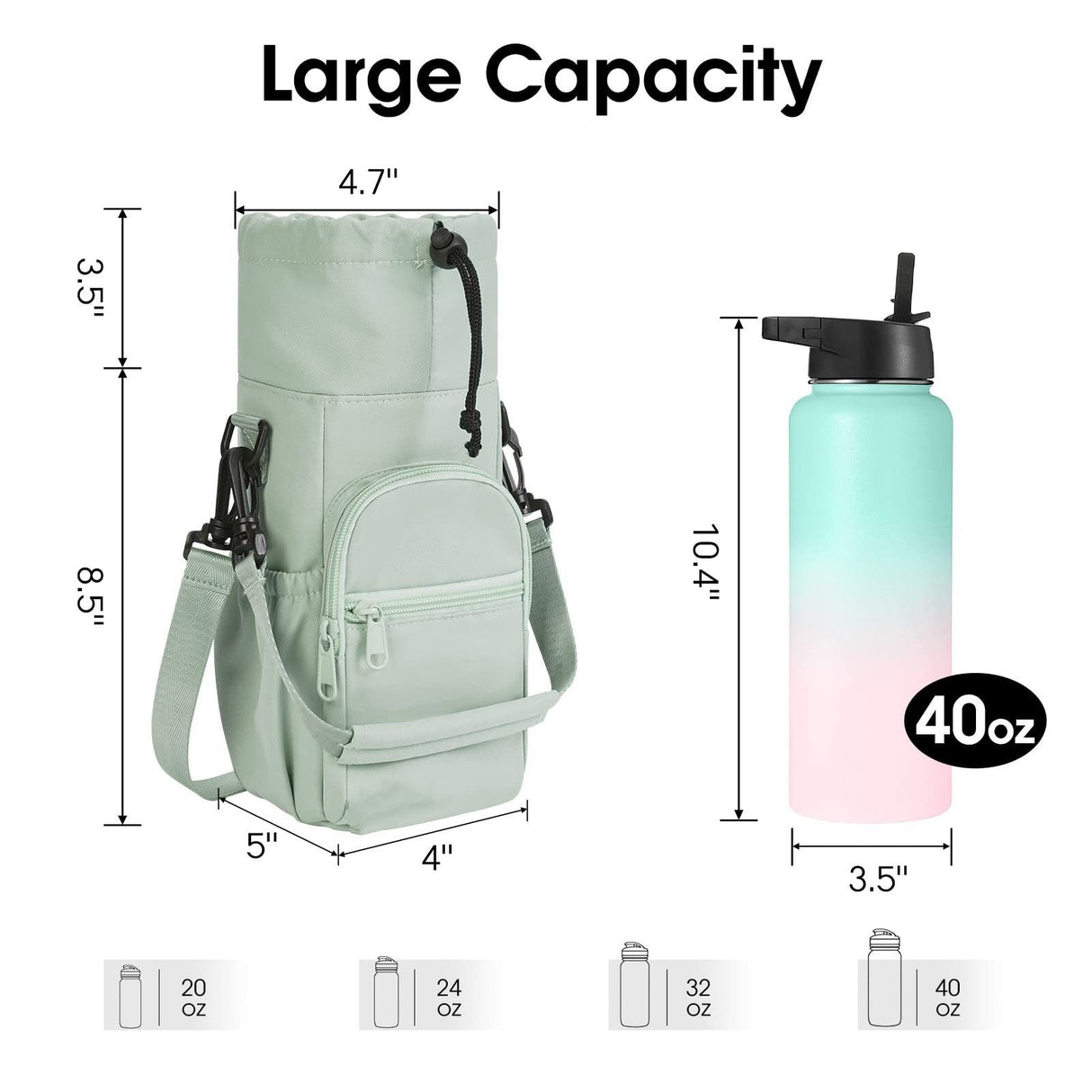 Black Water Bottle Carrier with Drawstring Closure – Adjustable Shoulder Strap, Front Pocket, and Side Storage for Daily Use