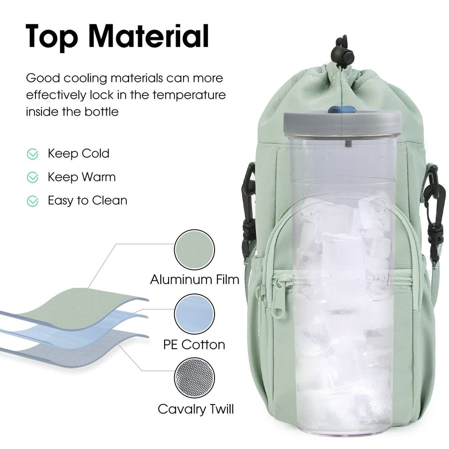 Green Water Bottle Carrier with Drawstring Closure – Adjustable Shoulder Strap, Front Pocket, and Side Storage for Daily Use