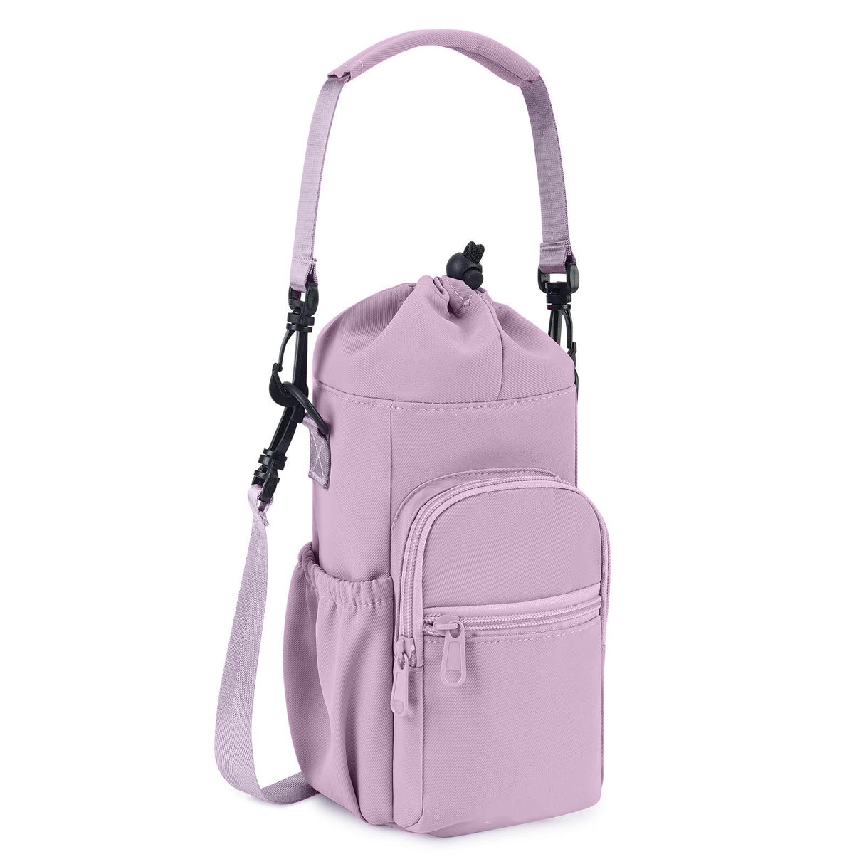 Purple Water Bottle Carrier with Drawstring Closure – Adjustable Shoulder Strap, Front Pocket, and Side Storage for Daily Use