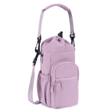 Purple Water Bottle Carrier with Drawstring Closure – Adjustable Shoulder Strap, Front Pocket, and Side Storage for Daily Use
