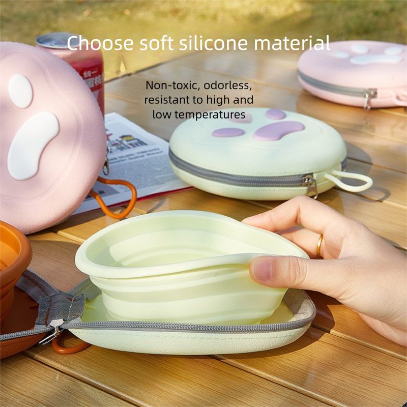Yellow Portable Foldable Dual Bowl for Pets – Silicone Feeding and Water Dish with Compact Storage Design