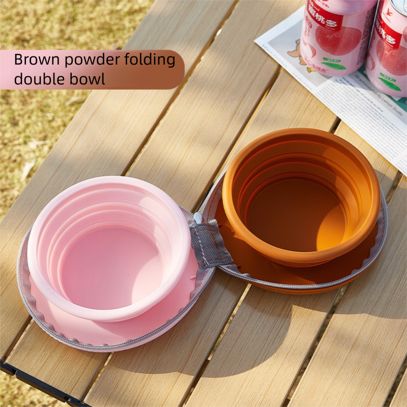 Brown and pink Portable Foldable Dual Bowl for Pets – Silicone Feeding and Water Dish with Compact Storage Design