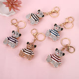 Peach Stripe Crystal Bear Keychain Sparkly Rhinestone Bag Charm Cute Alloy Keyring Gift - Top-Down View