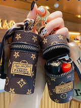 White Mini Cylinder Lipstick Case Keychain with Silk Scarf Charm PU Leather Coin Purse Bag Pendant for Earphones Keys Vintage Floral Pattern - Side View