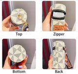 Black Mini Cylinder Lipstick Case Keychain with Silk Scarf Charm PU Leather Coin Purse Bag Pendant for Earphones Keys Vintage Floral Pattern