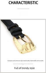 Womens Genuine Leather Belt Retro Gold Buckle Waist Belt for Jeans Dress Coat Fashion Split Cowhide Strap Coffee 105cm - Front View