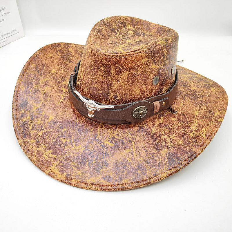 Retro Western Cowboy Hat Khaki Distressed Crackle Finish Bull Head Emblem Wide Brim Sun Protection Outback Bush Hat for Men Women L 58-60cm