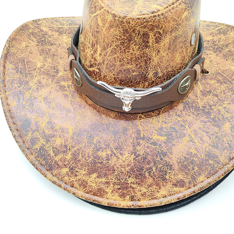 Retro Western Cowboy Hat Khaki Distressed Crackle Finish Bull Head Emblem Wide Brim Sun Protection Outback Bush Hat for Men Women L 58-60cm