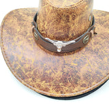Retro Western Cowboy Hat Khaki Distressed Crackle Finish Bull Head Emblem Wide Brim Sun Protection Outback Bush Hat for Men Women L 58-60cm - Front View