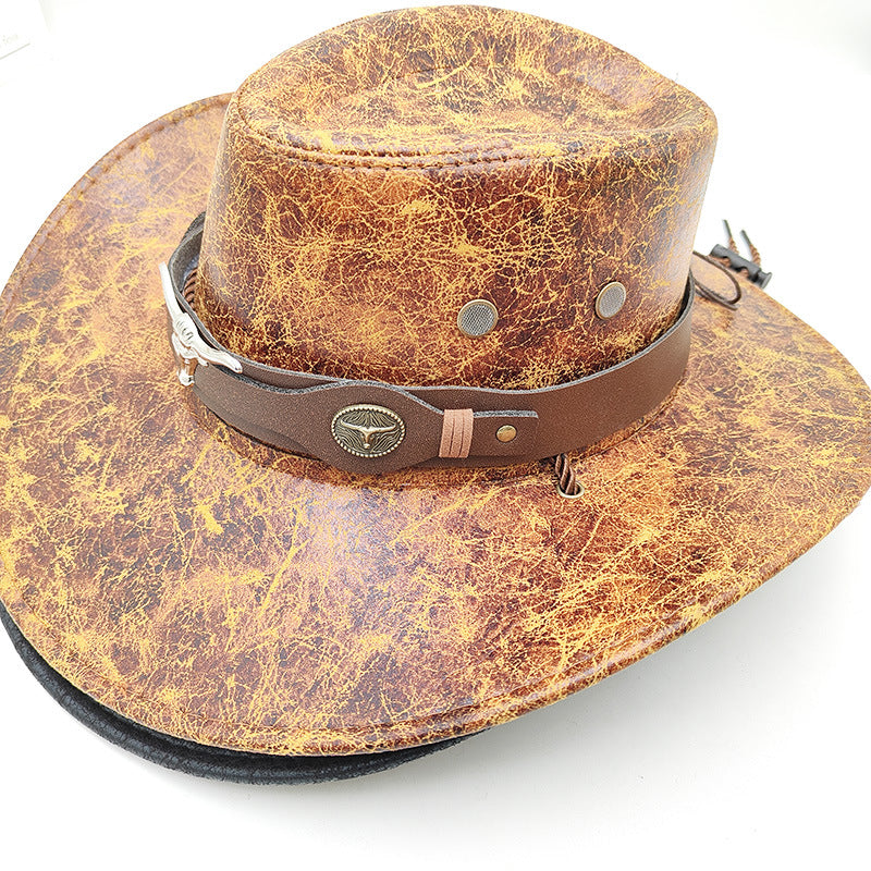 Retro Western Cowboy Hat Khaki Distressed Crackle Finish Bull Head Emblem Wide Brim Sun Protection Outback Bush Hat for Men Women L 58-60cm