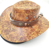 Retro Western Cowboy Hat Khaki Distressed Crackle Finish Bull Head Emblem Wide Brim Sun Protection Outback Bush Hat for Men Women L 58-60cm - Side View