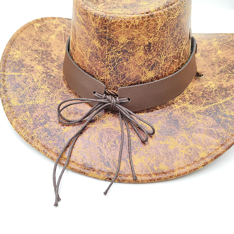 Retro Western Cowboy Hat Khaki Distressed Crackle Finish Bull Head Emblem Wide Brim Sun Protection Outback Bush Hat for Men Women L 58-60cm