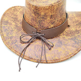 Retro Western Cowboy Hat Khaki Distressed Crackle Finish Bull Head Emblem Wide Brim Sun Protection Outback Bush Hat for Men Women L 58-60cm - Top-Down View