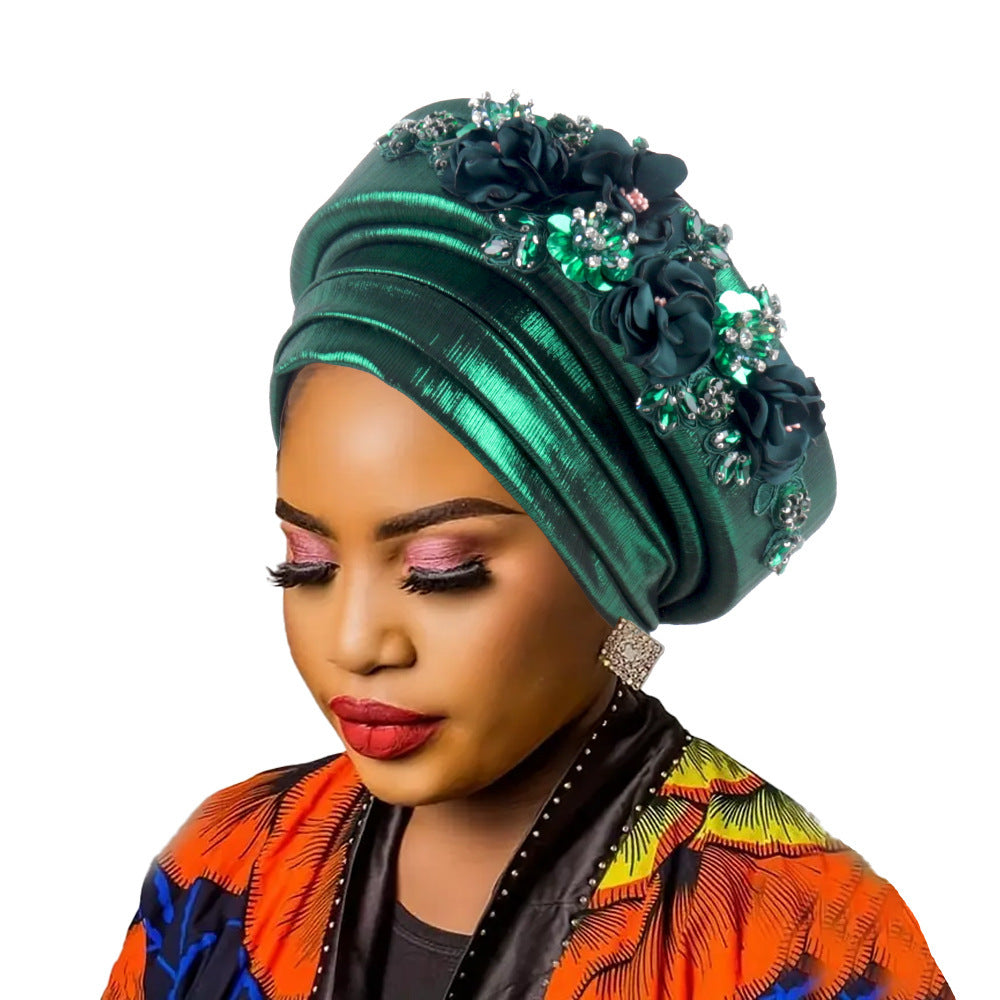 Women's Luxury Green Turban Hat with Beaded Floral Embellishments Pre-Tied African Style Headwrap for Weddings Parties & Special Occasions
