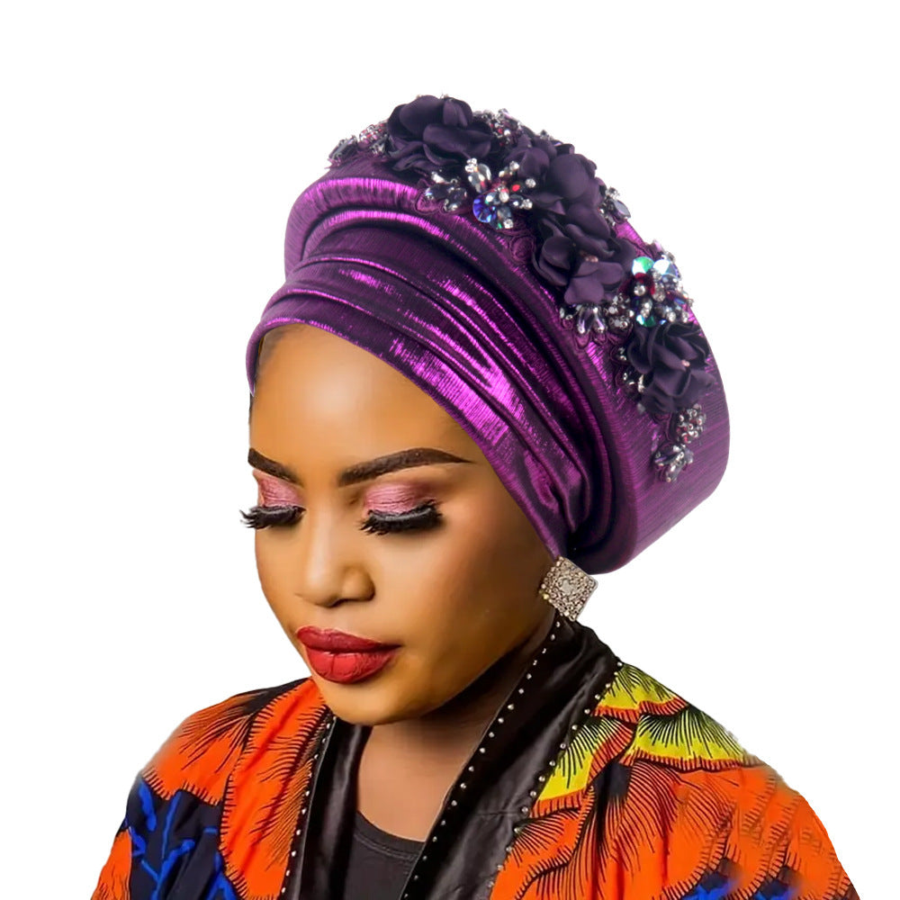 Women's Luxury Purple Turban Hat with Beaded Floral Embellishments Pre-Tied African Style Headwrap for Weddings Parties & Special Occasions