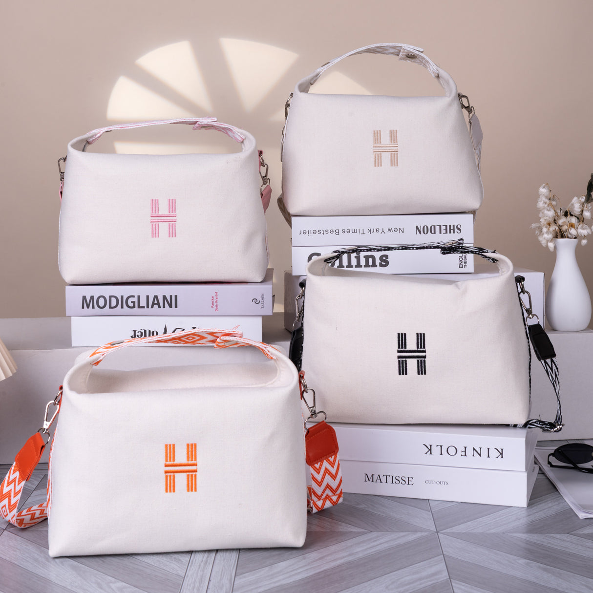 Women's Minimalist Canvas Crossbody Bag with Wide Pink Webbing Strap Casual Shoulder Handbag Large Capacity for Daily Use - Cream White