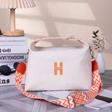 Women's Minimalist Canvas Crossbody Bag with Wide Orange Webbing Strap Casual Shoulder Handbag Large Capacity for Daily Use - Cream White