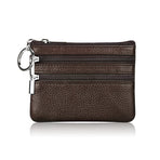 Genuine Leather Coin Purse Mini Wallet with Triple Zipper Pockets Key Ring Holder Pouch for Cash & Cards - Coffee