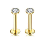 2 PCS Internally Threaded Labret Studs - 16G 8mm Stainless Steel Flat Back with 3mm CZ Crystal - Gold Tone Body Piercing for Lip Tragus Helix