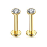 2 PCS Internally Threaded Labret Studs - 16G 8mm Stainless Steel Flat Back with 3mm CZ Crystal - Gold Tone Body Piercing for Lip Tragus Helix