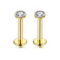 2 PCS Internally Threaded Labret Studs - 16G 8mm Stainless Steel Flat Back with 3mm CZ Crystal - Gold Tone Body Piercing for Lip Tragus Helix
