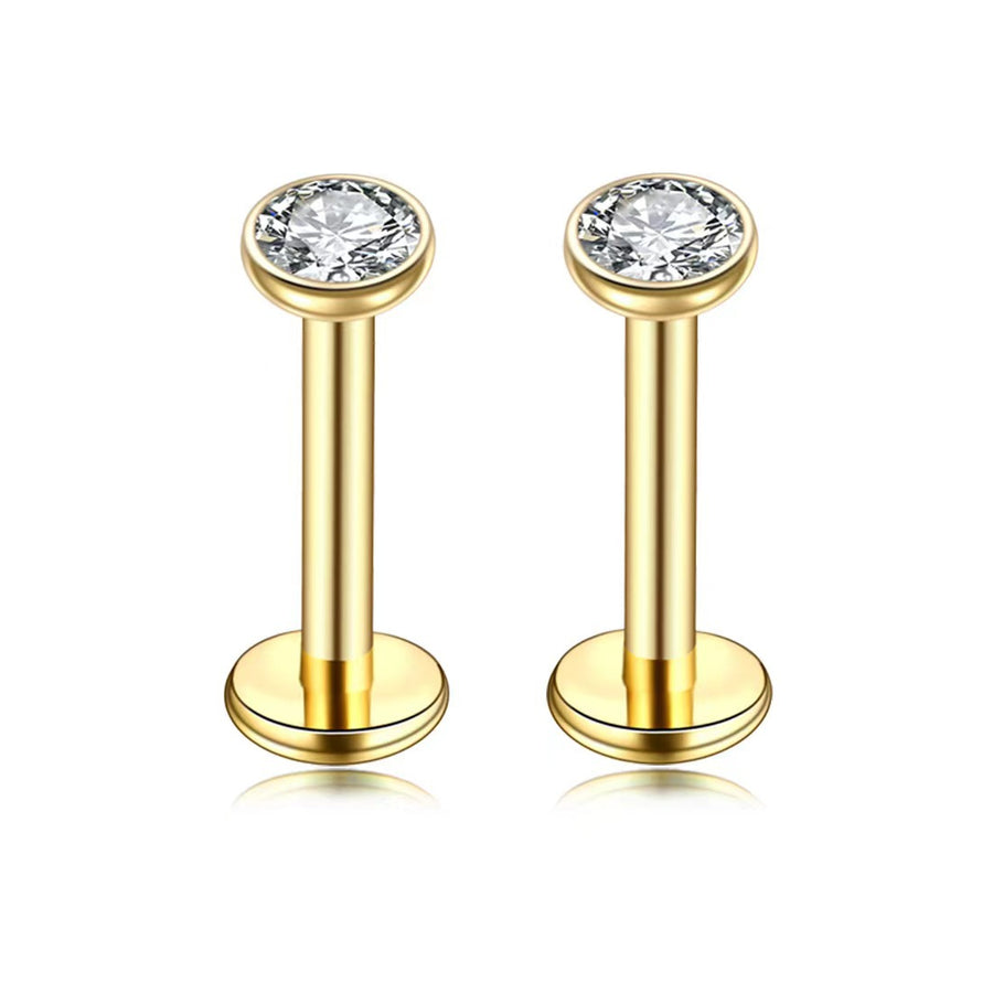2 PCS Internally Threaded Labret Studs - 16G 8mm Stainless Steel Flat Back with 3mm CZ Crystal - Gold Tone Body Piercing for Lip Tragus Helix