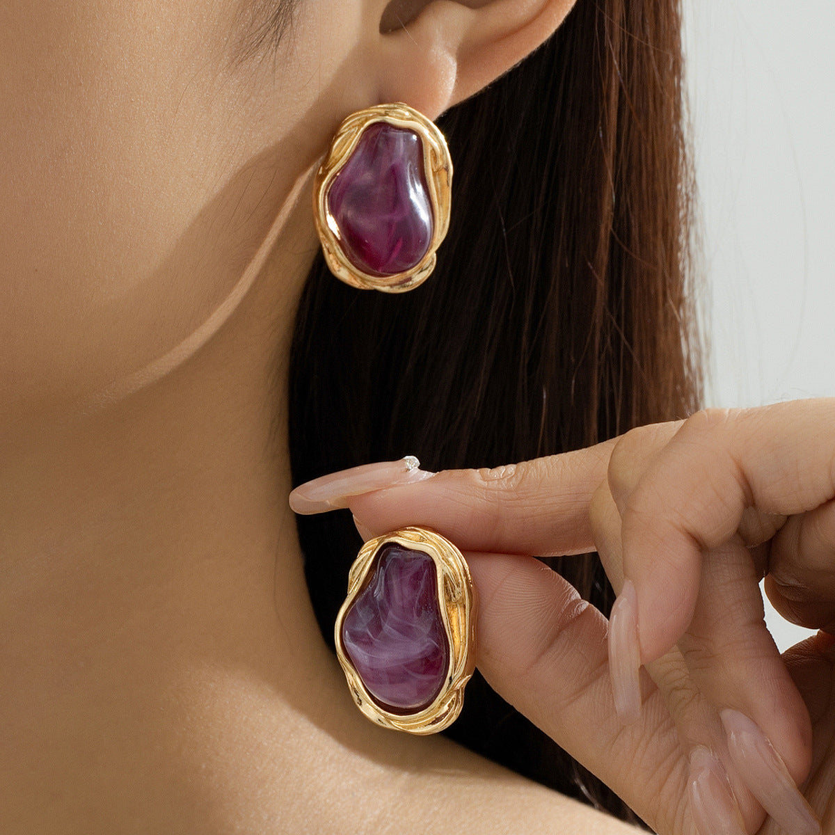 A Pair of Vintage Baroque Statement Earrings - Chunky Gold Tone Irregular Studs with Dark Green Faux Stone - Stainless Steel Pin Fashion Jewellery for Women