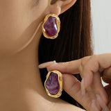A Pair of Vintage Baroque Statement Earrings - Chunky Gold Tone Irregular Studs with Purple Faux Stone - Stainless Steel Pin Fashion Jewellery for Women