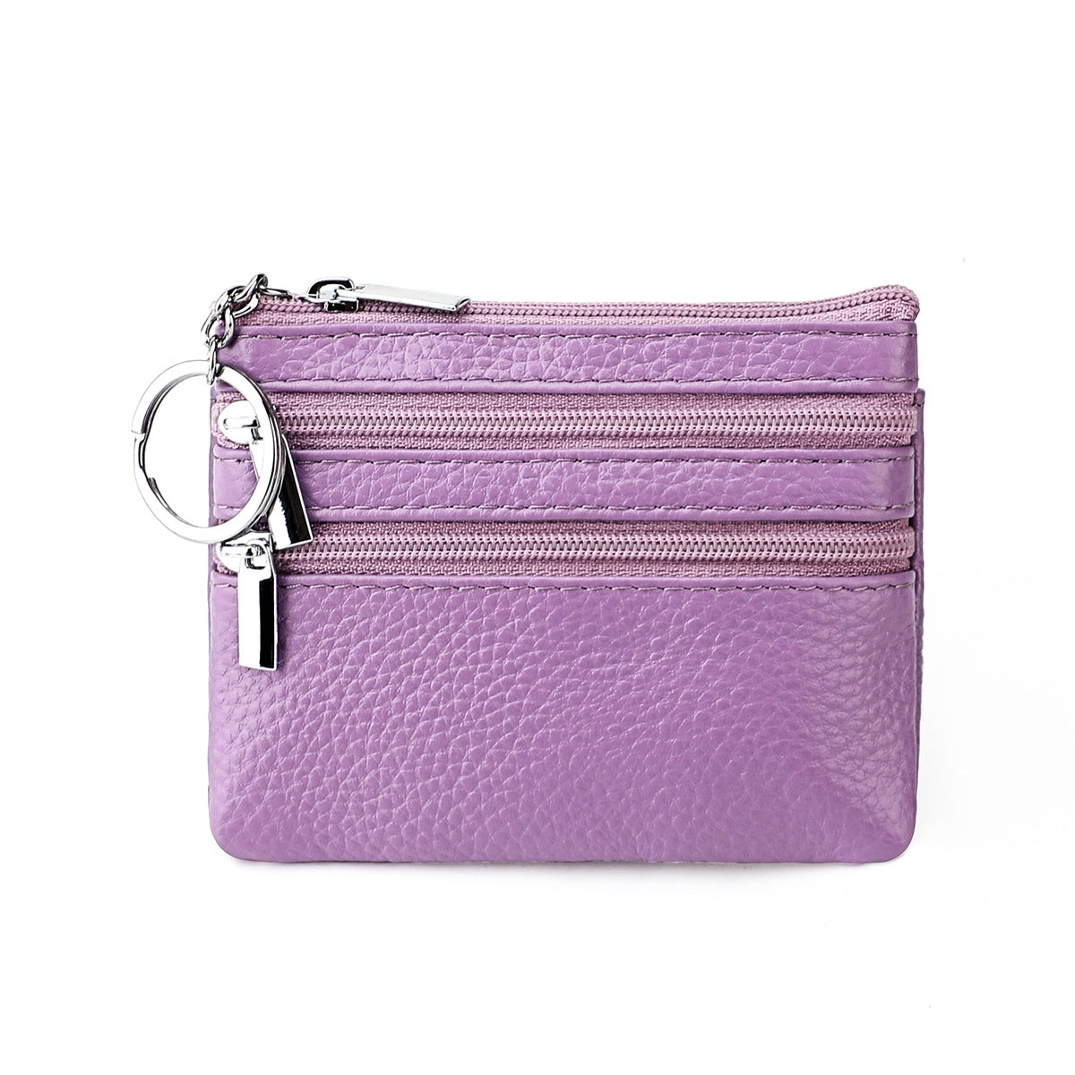 Genuine Leather Coin Purse Mini Wallet with Triple Zipper Pockets Key Ring Holder Pouch for Cash & Cards - Light Purple