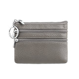 Genuine Leather Coin Purse Mini Wallet with Triple Zipper Pockets Key Ring Holder Pouch for Cash & Cards - Grey