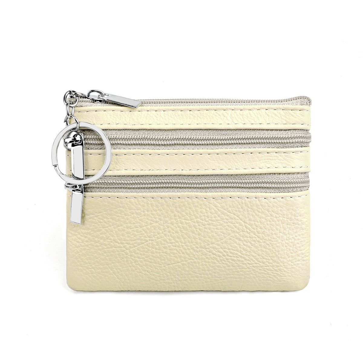 Genuine Leather Coin Purse Mini Wallet with Triple Zipper Pockets Key Ring Holder Pouch for Cash & Cards - Beige White