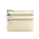 Genuine Leather Coin Purse Mini Wallet with Triple Zipper Pockets Key Ring Holder Pouch for Cash & Cards - Beige White