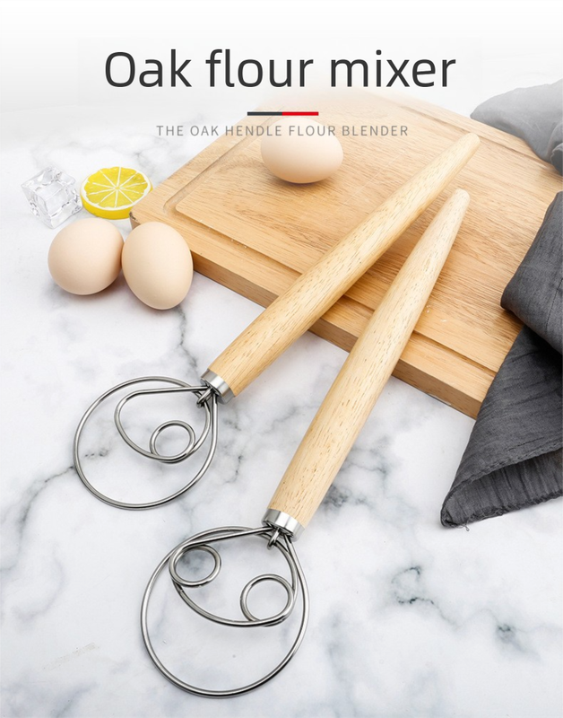 Double Loop Danish Dough Whisk with Long Oak Handle - 13 Inch Stainless Steel Bread Mixer Tool for Sourdough & Heavy Batter - Hand Held Flour Blender (Two Eye Design)