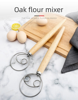Double Loop Danish Dough Whisk with Long Oak Handle - 13 Inch Stainless Steel Bread Mixer Tool for Sourdough & Heavy Batter - Hand Held Flour Blender (Two Eye Design)