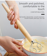 Double Loop Danish Dough Whisk with Long Oak Handle - 13 Inch Stainless Steel Bread Mixer Tool for Sourdough & Heavy Batter - Hand Held Flour Blender (Two Eye Design) - 45-Degree Angle