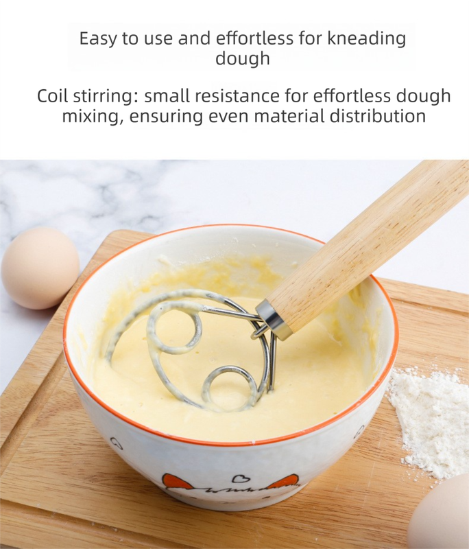 Double Loop Danish Dough Whisk with Long Oak Handle - 13 Inch Stainless Steel Bread Mixer Tool for Sourdough & Heavy Batter - Hand Held Flour Blender (Two Eye Design)